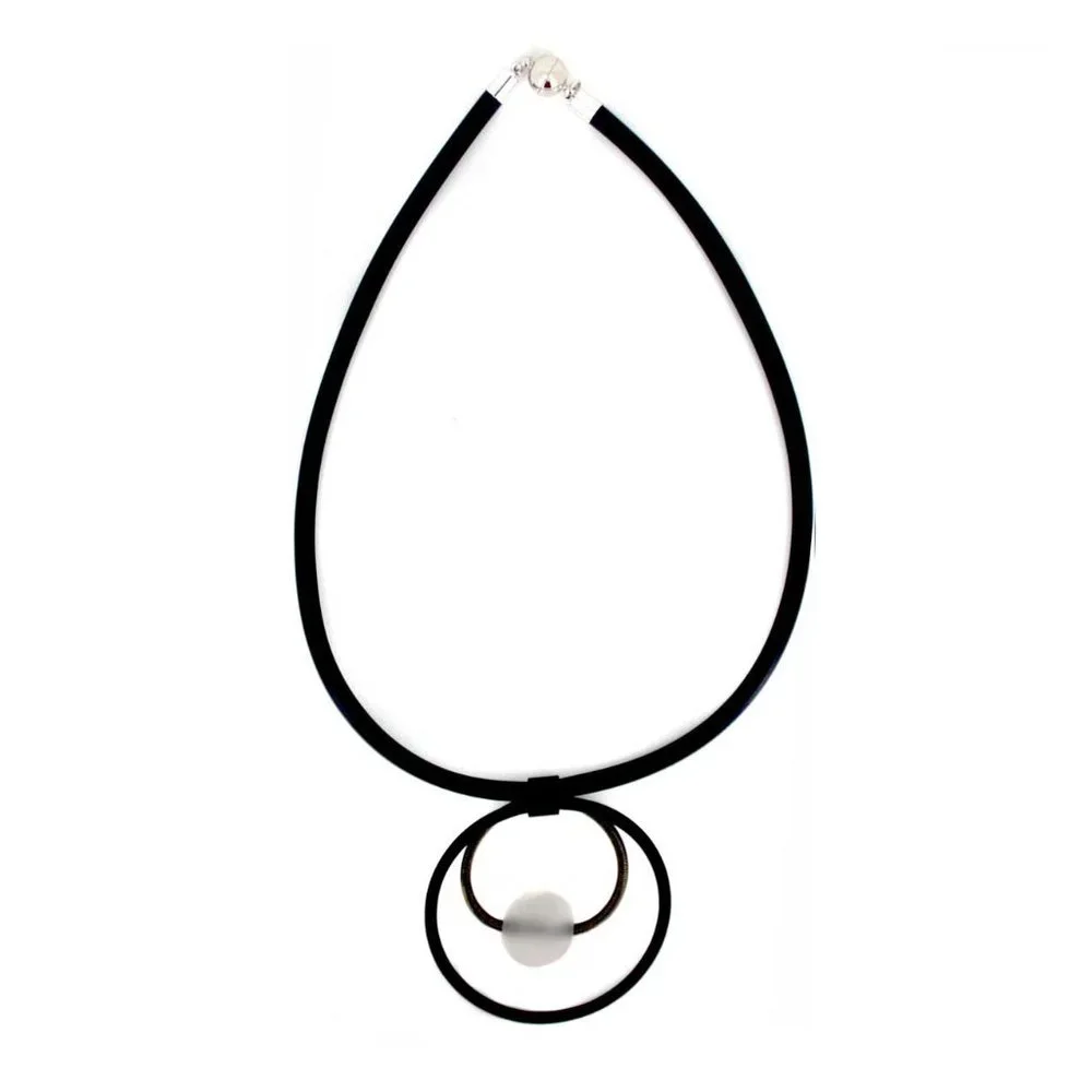Tigerstars Handcrafted Frosted Glass Ball Black Piano Wire Double Ring Necklace - Picture 2 of 2